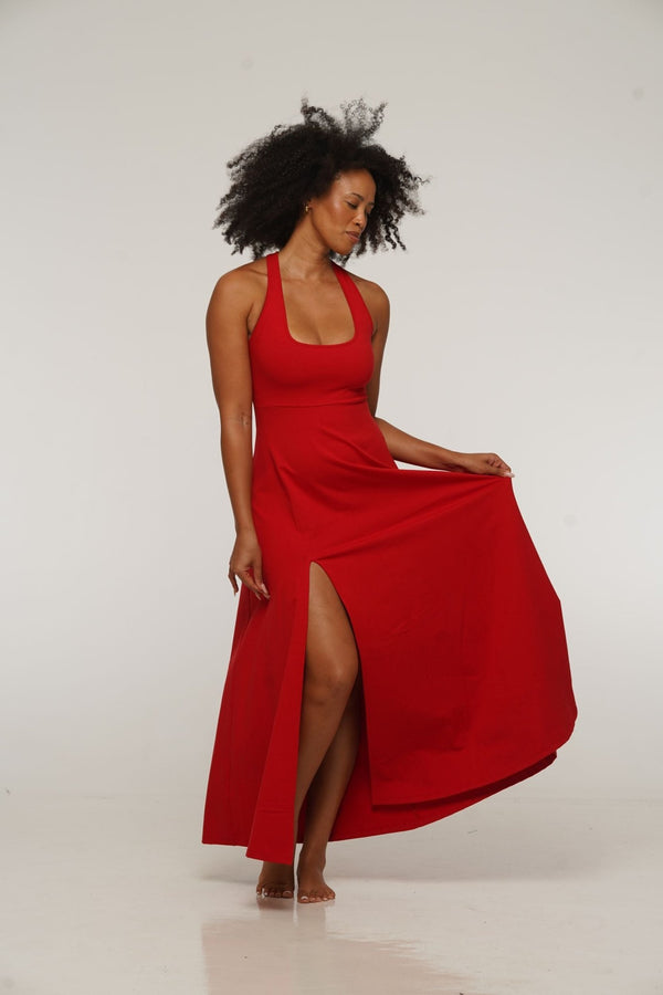 Otta Midi Dress A-Line with Split Tri-Back Thick Strap in Pomegranate Red - Manners London