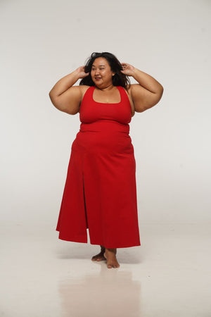 Otta Midi Dress A-Line with Split Tri-Back Thick Strap in Pomegranate Red - Manners London