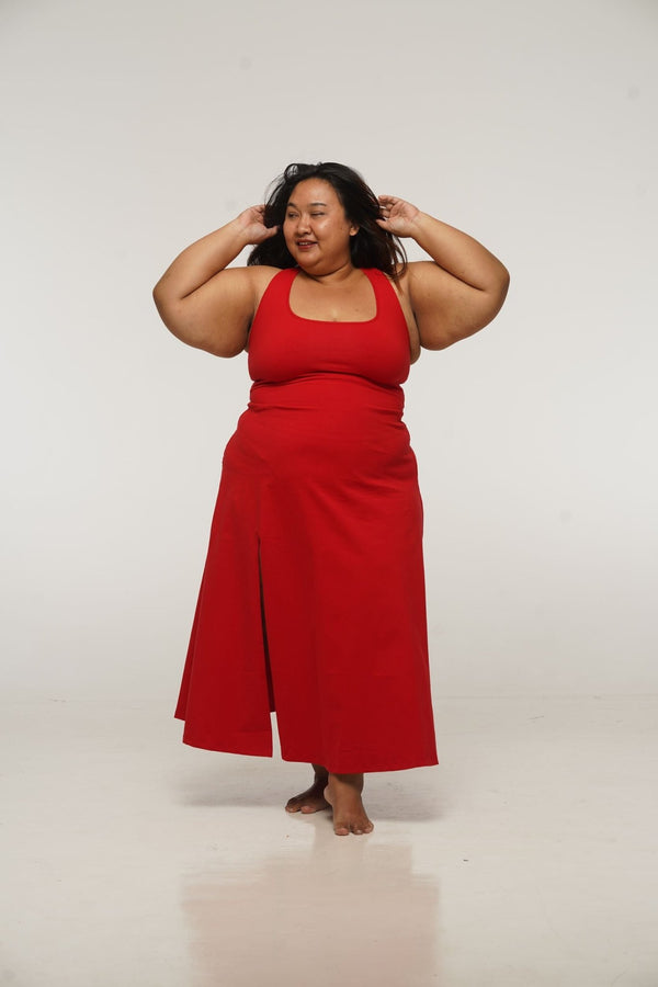 Otta Midi Dress A-Line with Split Tri-Back Thick Strap in Pomegranate Red - Manners London