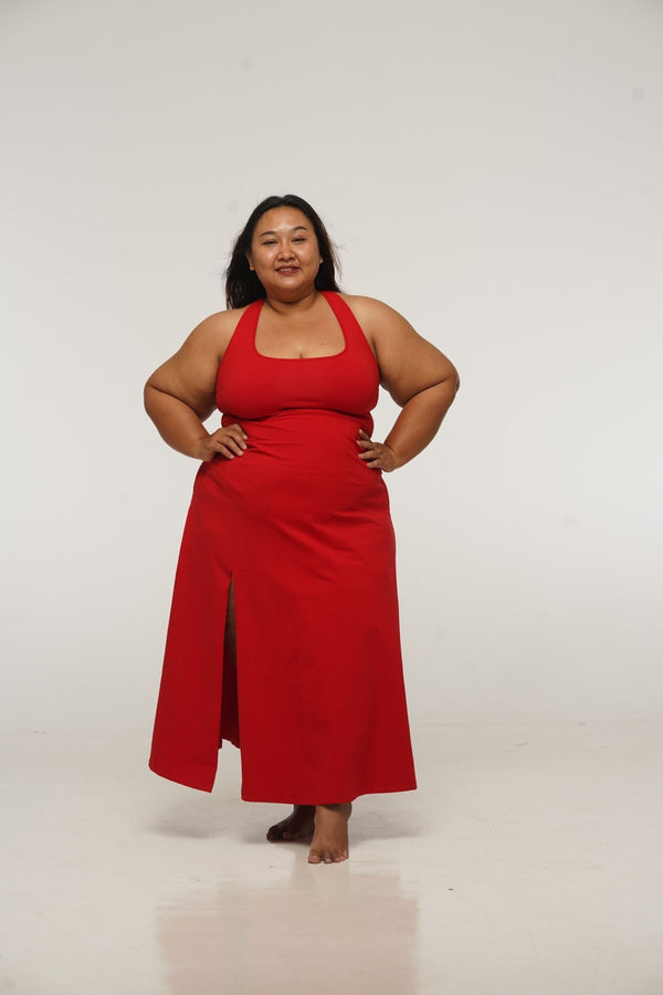 Otta Midi Dress A-Line with Split Tri-Back Thick Strap in Pomegranate Red - Manners London