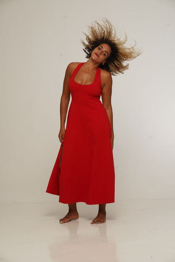 Otta Midi Dress A-Line with Split Tri-Back Thick Strap in Pomegranate Red - Manners London