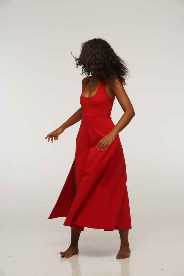Otta Midi Dress A-Line with Split Tri-Back Thick Strap in Pomegranate Red - Manners London