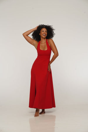 Otta Midi Dress A-Line with Split Tri-Back Thick Strap in Pomegranate Red - Manners London