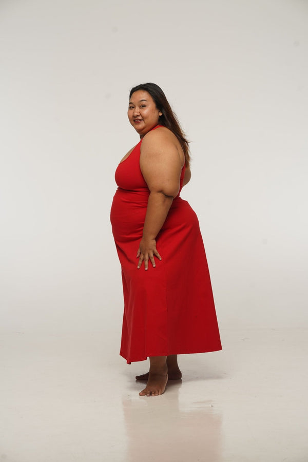 Otta Midi Dress A-Line with Split Tri-Back Thick Strap in Pomegranate Red - Manners London