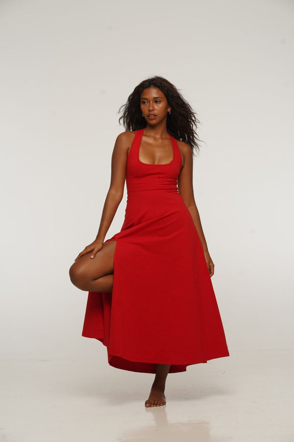 Otta Midi Dress A-Line with Split Tri-Back Thick Strap in Pomegranate Red - Manners London