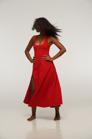 Otta Midi Dress A-Line with Split Tri-Back Thick Strap in Pomegranate Red - Manners London