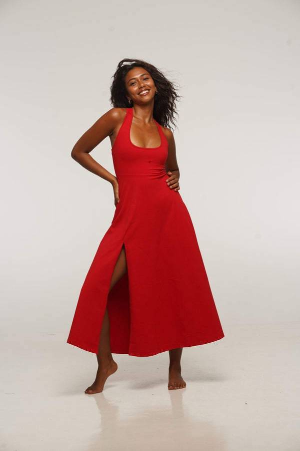 Otta Midi Dress A-Line with Split Tri-Back Thick Strap in Pomegranate Red - Manners London