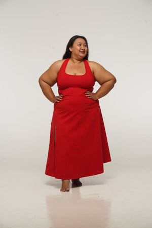 Otta Midi Dress A-Line with Split Tri-Back Thick Strap in Pomegranate Red - Manners London