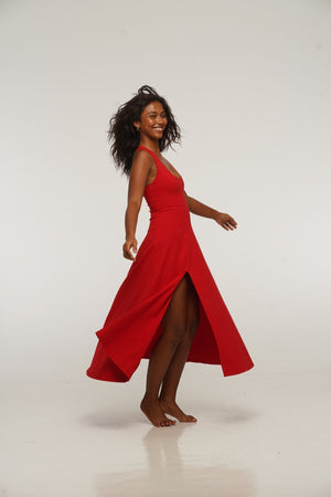 Otta Midi Dress A-Line with Split Tri-Back Thick Strap in Pomegranate Red - Manners London