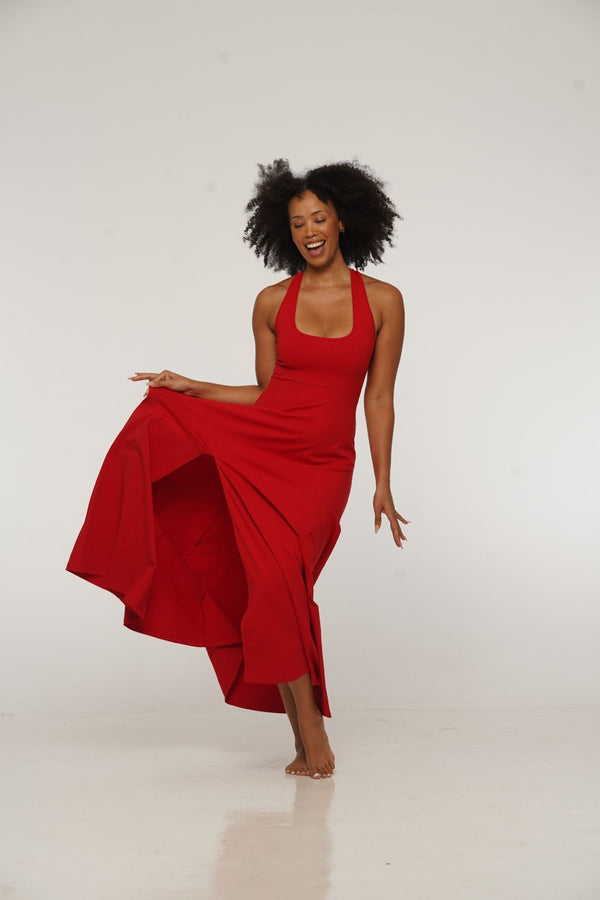 Otta Midi Dress A-Line with Split Tri-Back Thick Strap in Pomegranate Red - Manners London