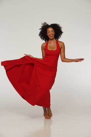 Otta Midi Dress A-Line with Split Tri-Back Thick Strap in Pomegranate Red - Manners London