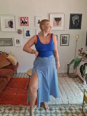 Popper Skirt Midi in Blue / Mint Stripe - Manners London