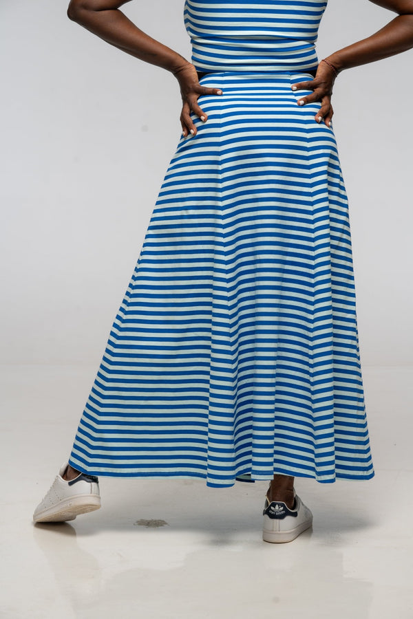 Popper Skirt Midi in Blue / Mint Stripe - Manners London