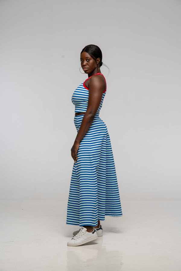 Popper Skirt Midi in Blue / Mint Stripe - Manners London
