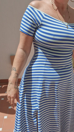 Bardot Dress Midi A-Line (short sleeves) in Blue/Mint Stripe