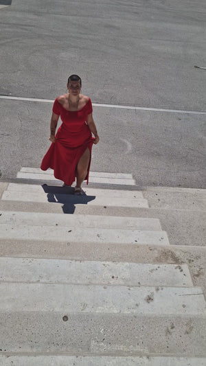 Bardot Midi A-Line Dress in Pomegranate Red