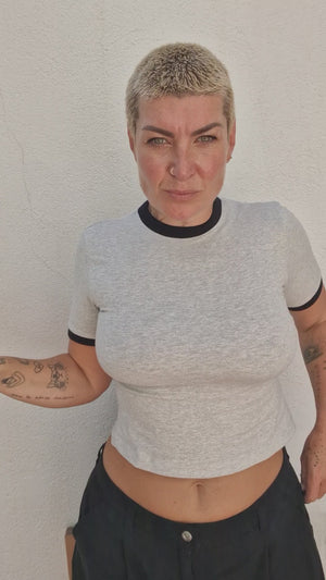 Soft Life Core Tee Mid Crop Ecovero i Top in Grey/ Marl and Black rib