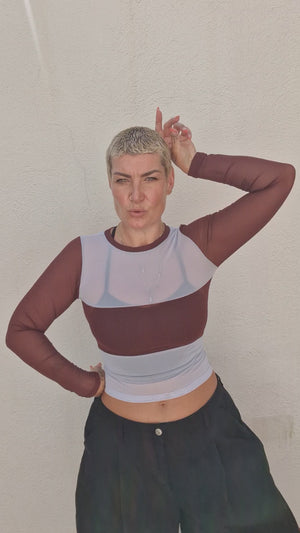 Mesh Top long sleeve in Sky and Pecan and Sky