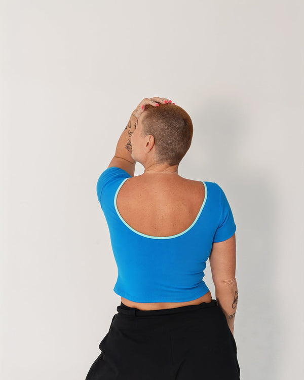 Reversible Crop Tee in Mediterranean Blue (limpet shell edging) - Manners London
