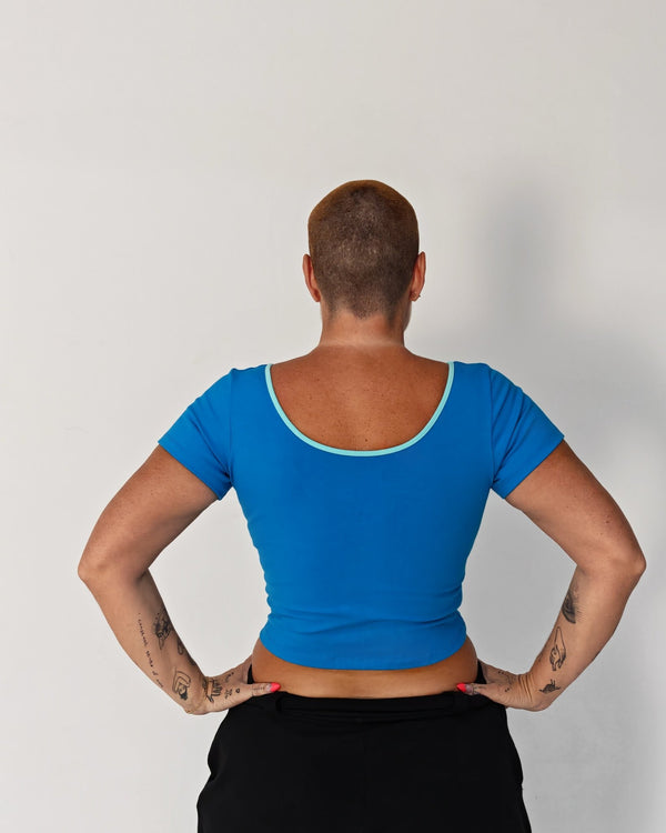 Reversible Crop Tee in Mediterranean Blue (limpet shell edging) - Manners London