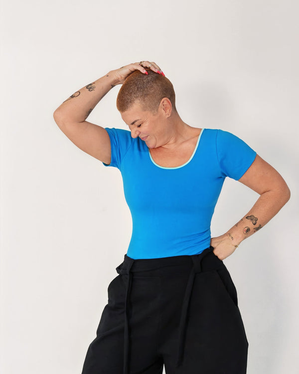 Reversible Full Length Tee in Mediterranean Blue (limpet shell edging) - Manners London