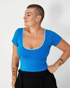 Reversible Full Length Tee in Mediterranean Blue (limpet shell edging) - Manners London