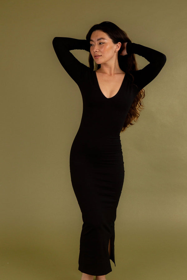 Reversible V - neck Midi Dress in Black - Manners London
