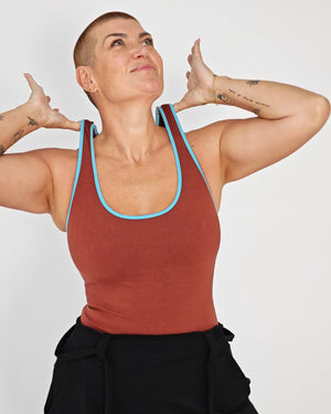 Shinni Neck Full Length Tank Top in Paprika /Crystal Seas edging - Manners London