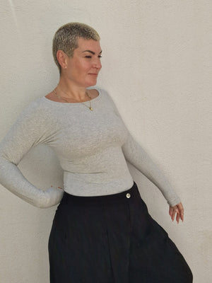 Soft Life Boat Neck Full Length Top in Ecovero in Grey Marl - Manners London