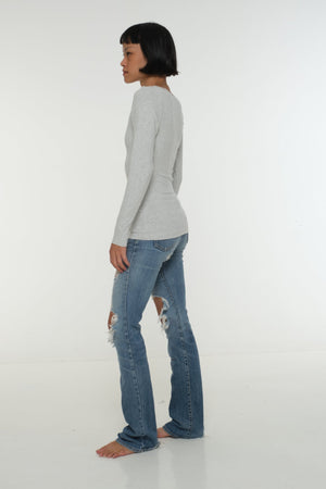 Soft Life Boat Neck Full Length Top in Ecovero in Grey Marl - Manners London