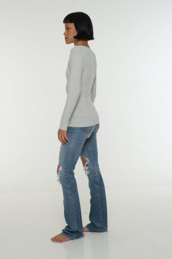 Soft Life Boat Neck Full Length Top in Ecovero in Grey Marl - Manners London