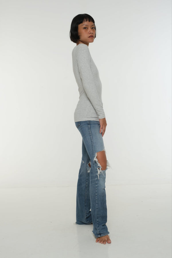 Soft Life Boat Neck Full Length Top in Ecovero in Grey Marl - Manners London