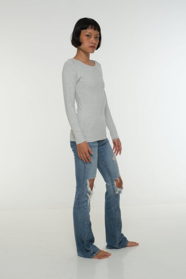 Soft Life Boat Neck Full Length Top in Ecovero in Grey Marl - Manners London