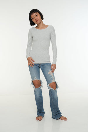Soft Life Boat Neck Full Length Top in Ecovero in Grey Marl - Manners London