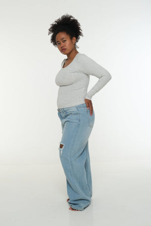 Soft Life Boat Neck Mid Crop Ecovero Top in Grey Marl - Manners London