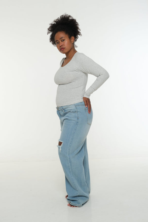 Soft Life Boat Neck Mid Crop Ecovero Top in Grey Marl - Manners London