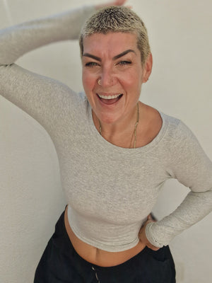 Soft Life Boat Neck Mid Crop Ecovero Top in Grey Marl - Manners London