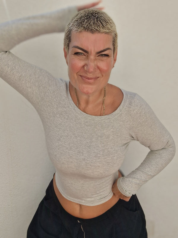 Soft Life Boat Neck Mid Crop Ecovero Top in Grey Marl - Manners London