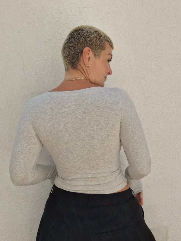 Soft Life Boat Neck Mid Crop Ecovero Top in Grey Marl - Manners London