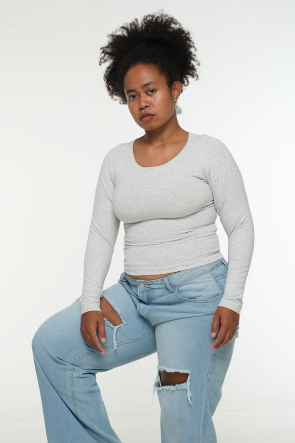 Soft Life Boat Neck Mid Crop Ecovero Top in Grey Marl - Manners London
