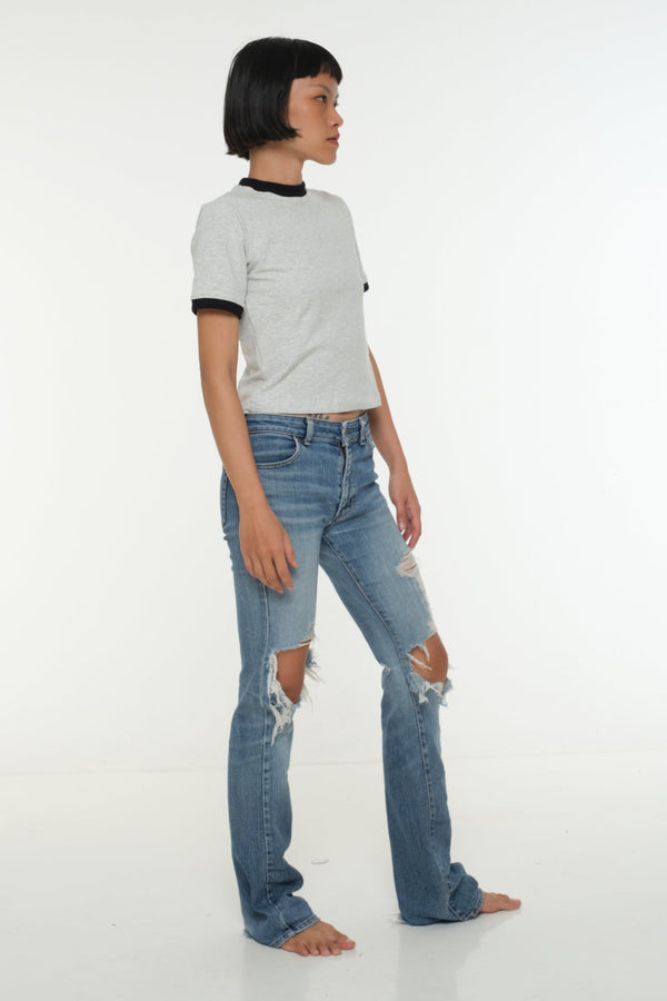 Soft Life Core Tee Mid Crop Ecovero i Top in Grey/ Marl and Black rib - Manners London