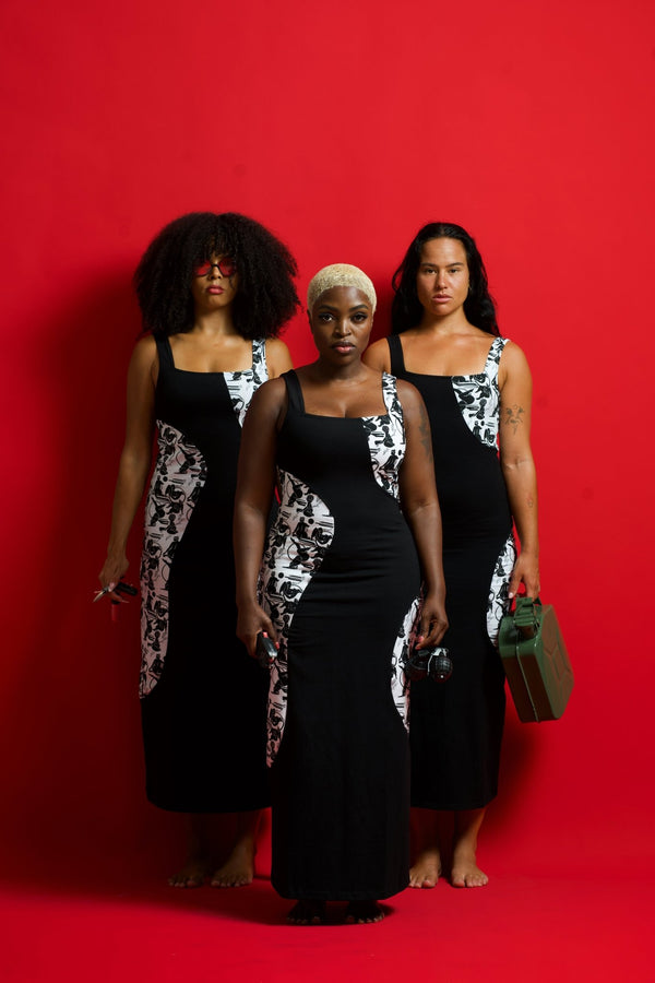 Square Neck Abstract Dress Midi in Black/Sisterhood - Manners London