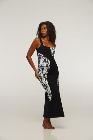Square Neck Abstract Dress Midi in Black/Sisterhood - Manners London