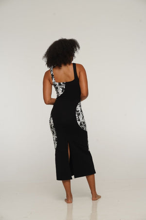 Square Neck Abstract Dress Midi in Black/Sisterhood - Manners London