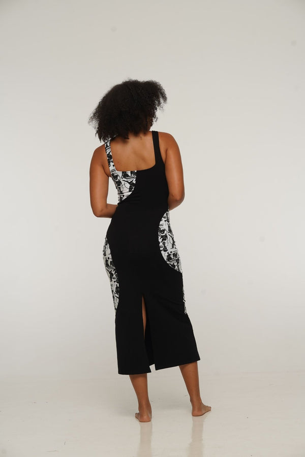 Square Neck Abstract Dress Midi in Black/Sisterhood - Manners London
