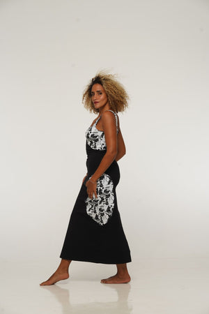Square Neck Abstract Dress Midi in Black/Sisterhood - Manners London