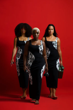 Square Neck Abstract Dress Midi in Black/Sisterhood - Manners London