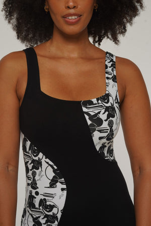 Square Neck Abstract Dress Midi in Black/Sisterhood - Manners London