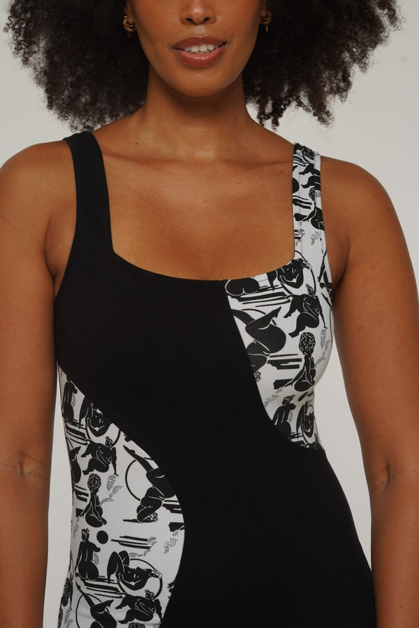 Square Neck Abstract Dress Midi in Black/Sisterhood - Manners London