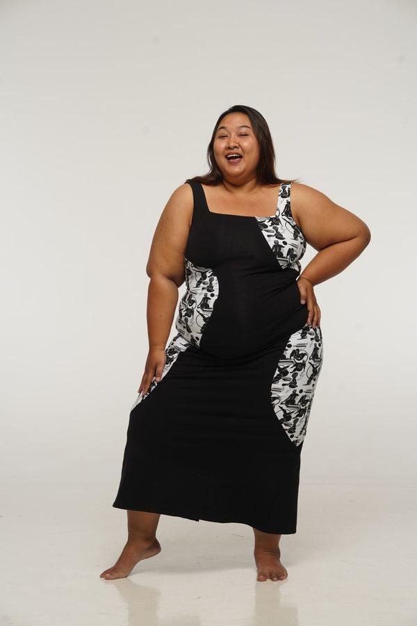 Square Neck Abstract Dress Midi in Black/Sisterhood - Manners London